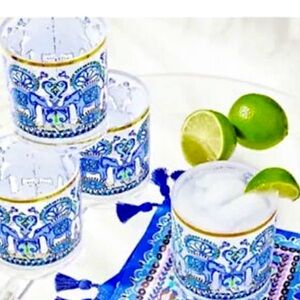 NIB Lilly Pulitzer Cup Set Of 4 Blue Grotto Fan & Matching Printed Napkin Set